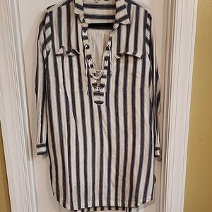 Striped Navy and White Pullover Shirt